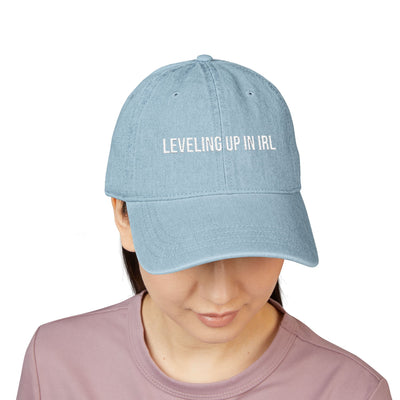 'Leveling Up in IRL' Denim Embroidered Cap