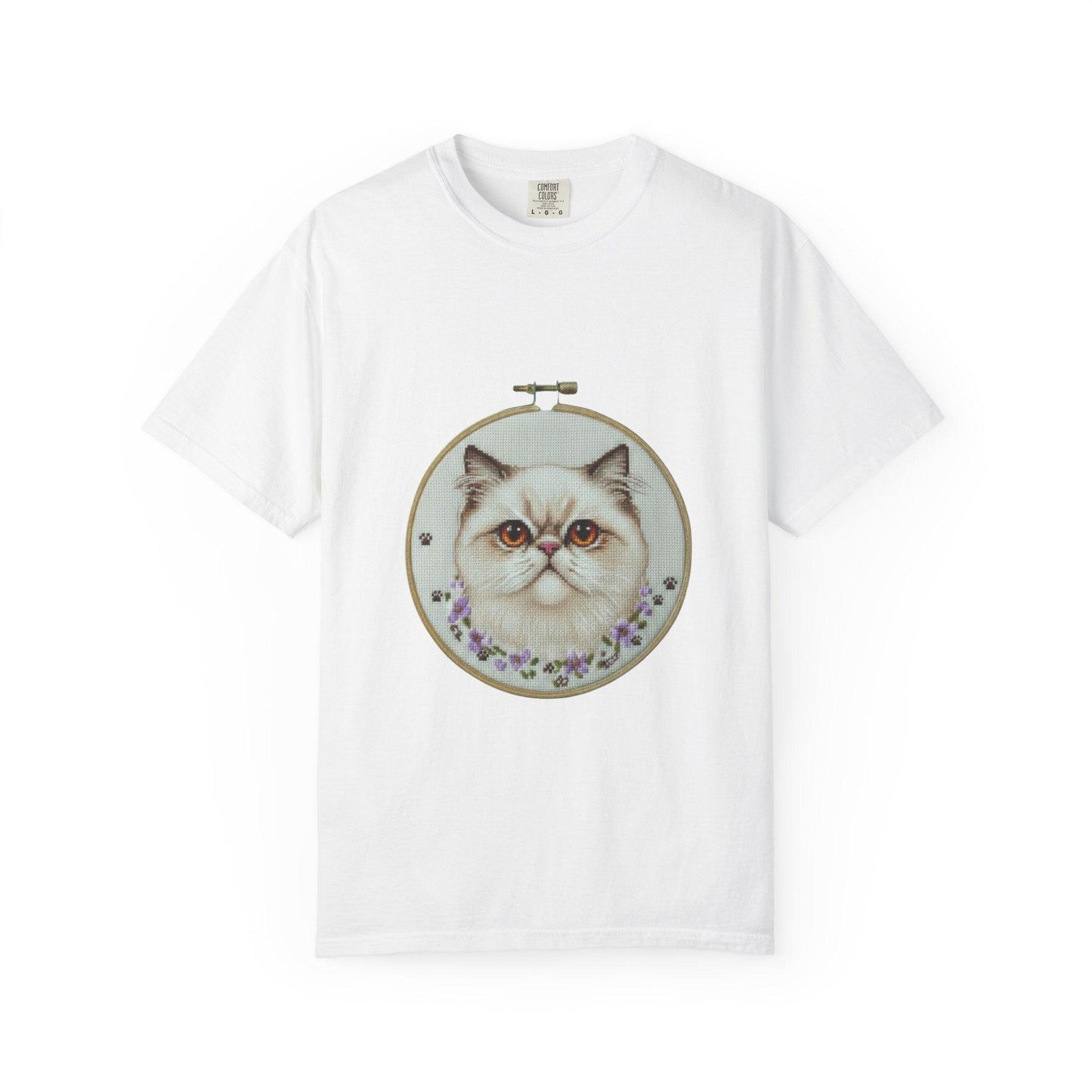 Persian Cat Portrait T-shirt | Embroidery Hoop Floral Illustration