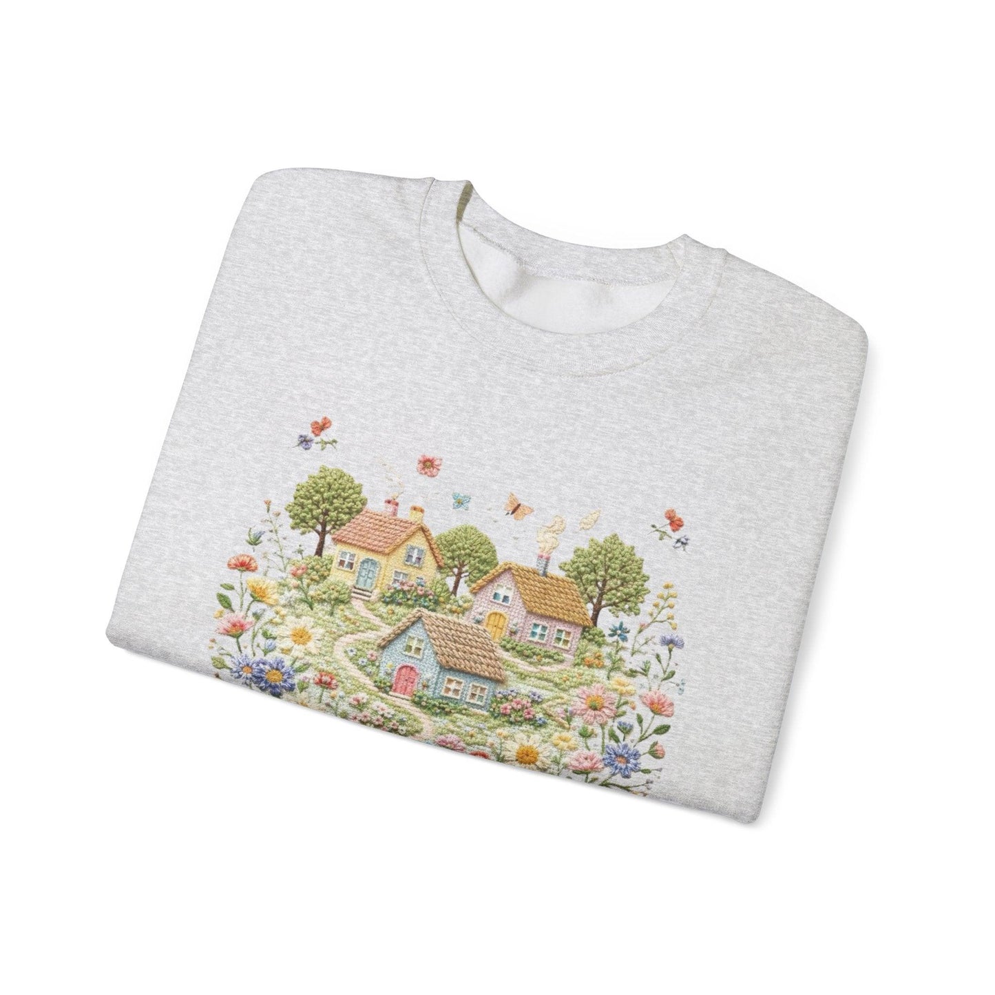 Cottage Garden Illustration Sweatshirt | Floral Village Scene, Cozy Spring