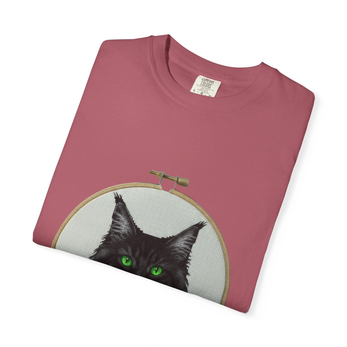 Black Cat Portrait T-Shirt | Embroidery Hoop Art, Green Eyes