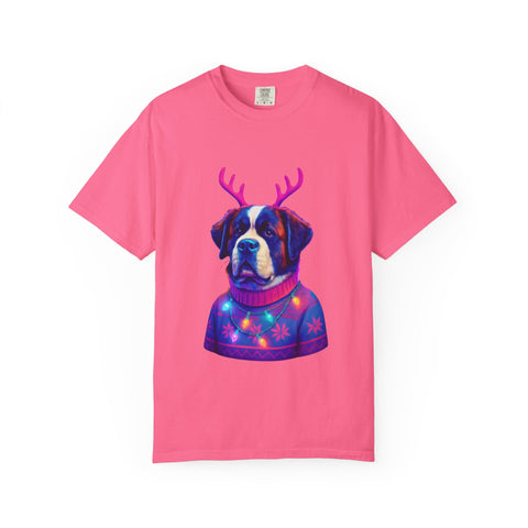 Saint Bernard in Reindeer Antlers T-Shirt | Holiday Dog Sweater Design