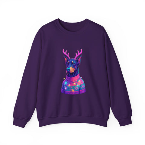 Vibrant Doberman Antlers Sweatshirt, Quirky Animal Crewneck, Cozy Holiday Gift, Fun Winter Apparel, Casual Style Top