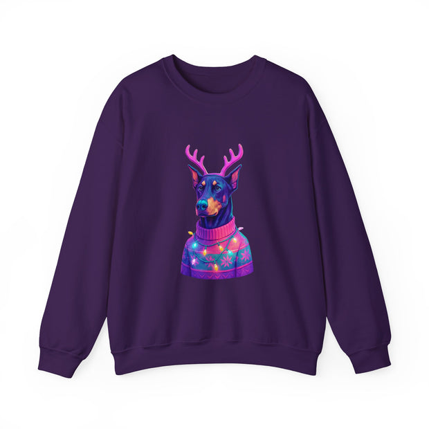 Vibrant Doberman Antlers Sweatshirt, Quirky Animal Crewneck, Cozy Holiday Gift, Fun Winter Apparel, Casual Style Top