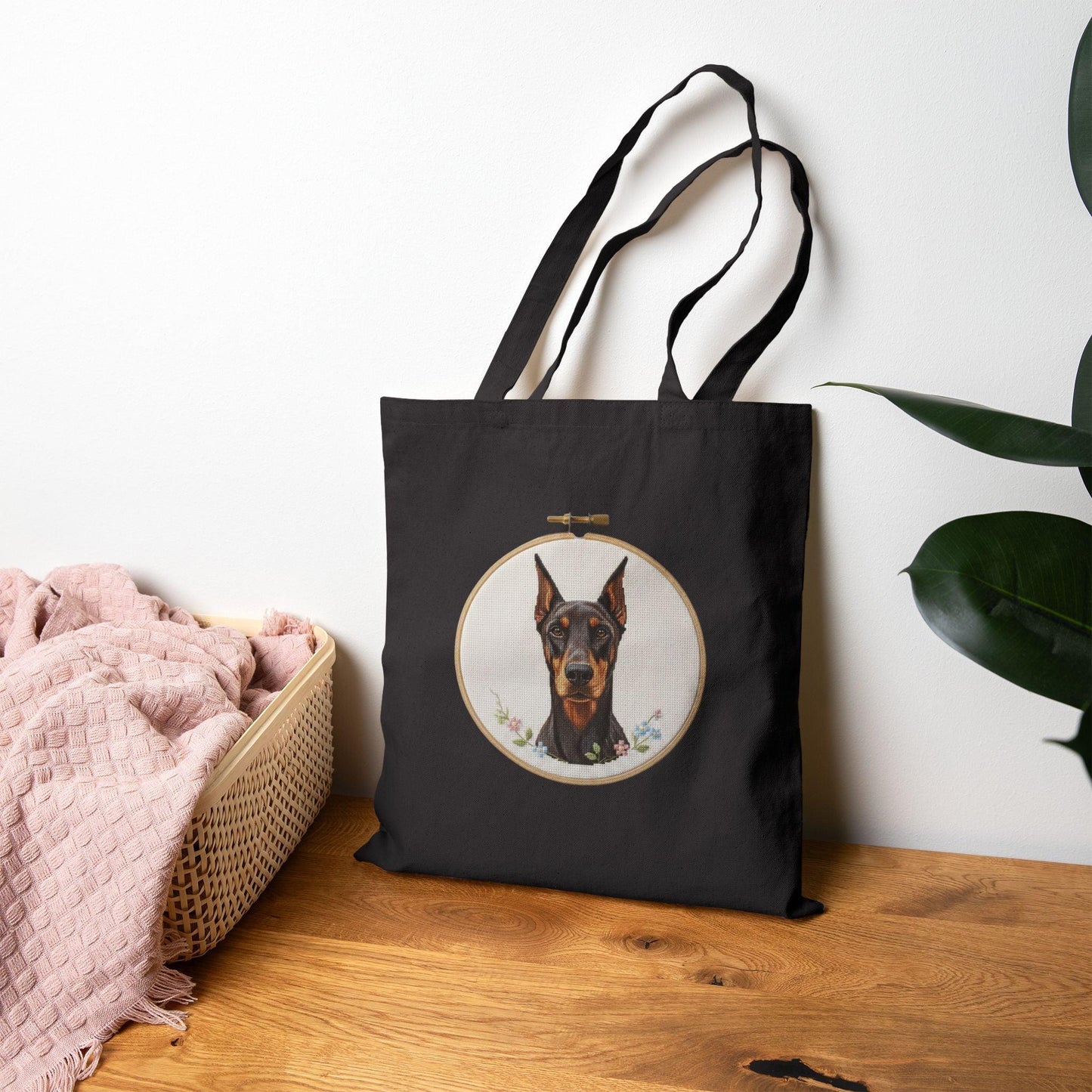 Doberman Portrait Tote Bag | Embroidery Hoop Dog Art Canvas Tote