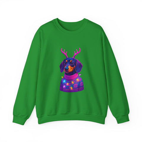 Dachshund Reindeer Sweater Crewneck Sweatshirt | Neon Holiday Dog Art