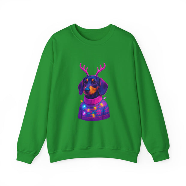Dachshund Reindeer Sweater Crewneck Sweatshirt | Neon Holiday Dog Art