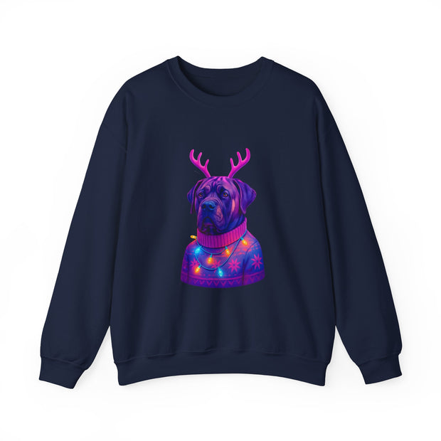 Neon Reindeer English Mastiff Sweatshirt | Dog with Antlers, Holiday Lights Sweater