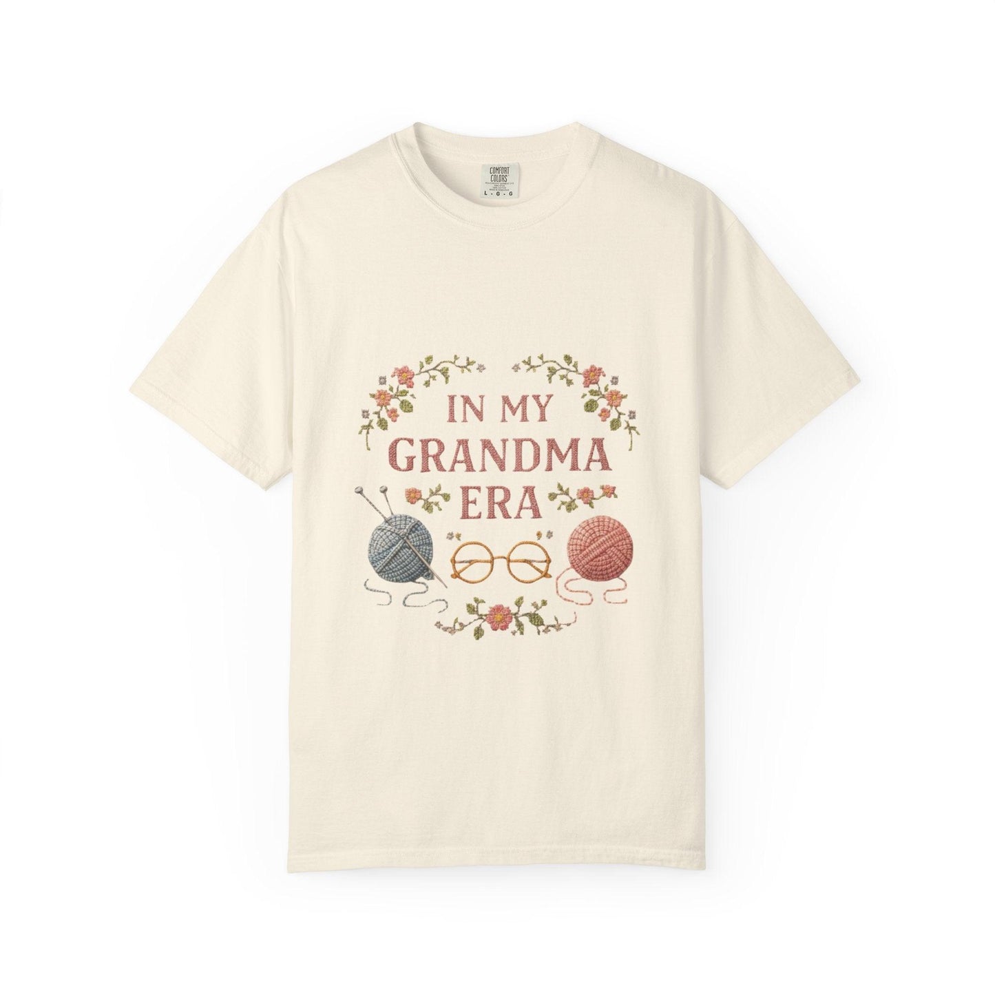 In My Grandma Era knitting balls glasses T-shirt | vintage floral knit design