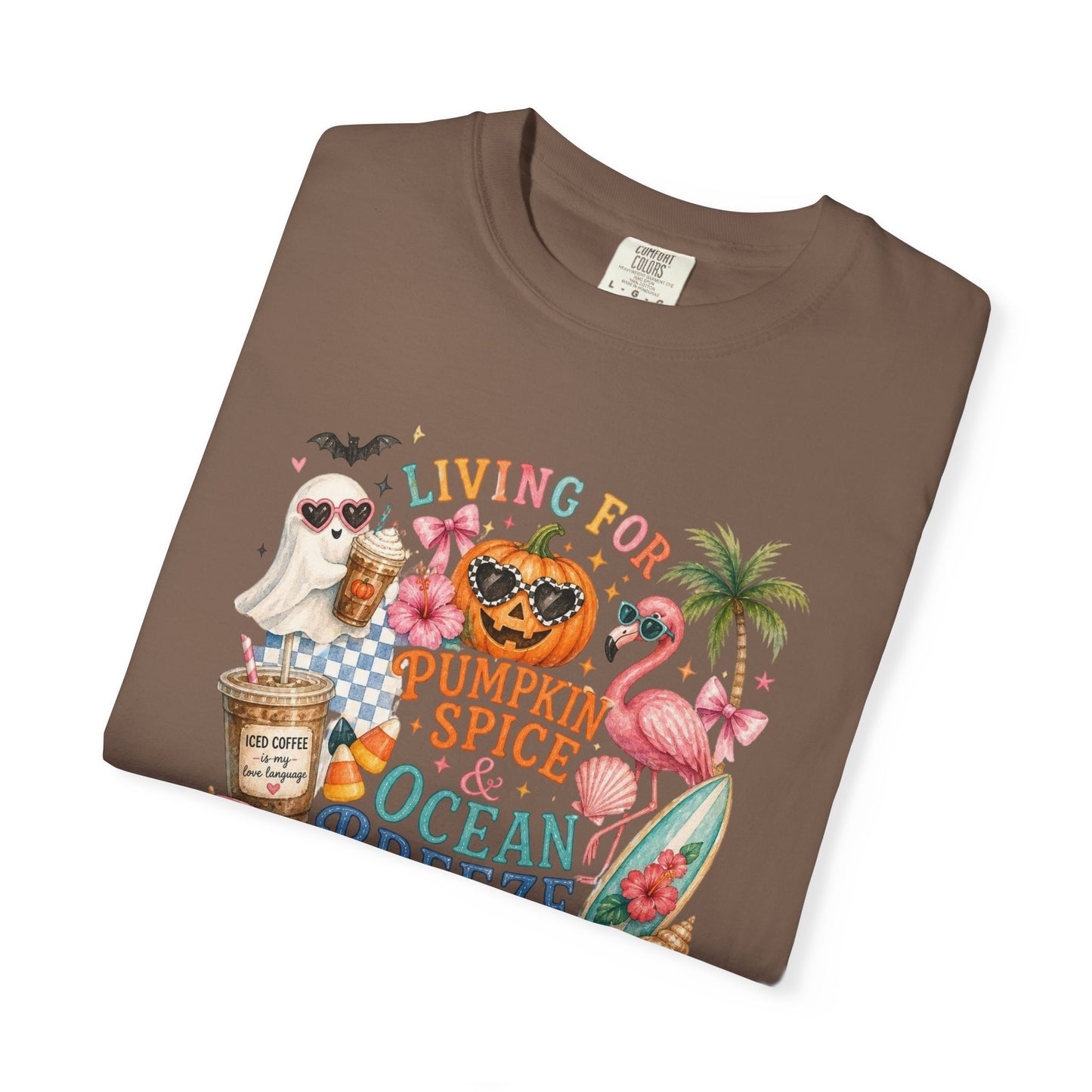 Pumpkin Spice & Ocean Breeze T-Shirt, Summerween Flamingo Shirt, Halloween Beach Tee, Tropical Spooky Season Graphic, Fall Vacation Shirt