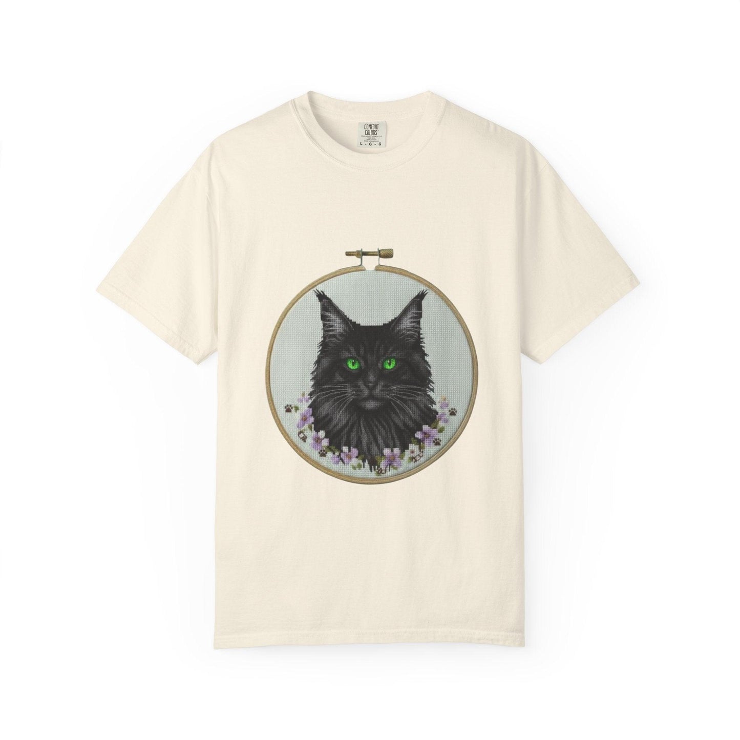 Black Cat Portrait T-Shirt | Embroidery Hoop Art, Green Eyes