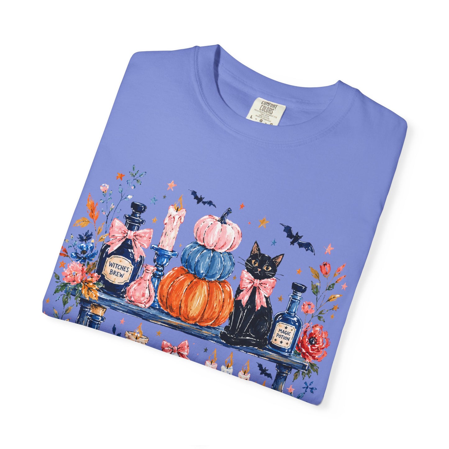 Autumn Apothecary Illustration T-shirt | Pumpkins, Black Cat, Potion Bottles