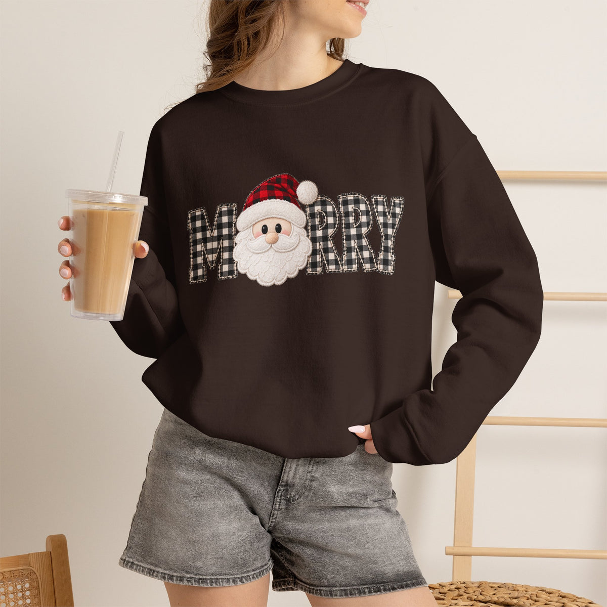 Merry Christmas Sweatshirt, Santa Christmas Crewneck, Plaid Holiday Sweater, Cute Santa Shirt, Cozy Christmas Gift for Her