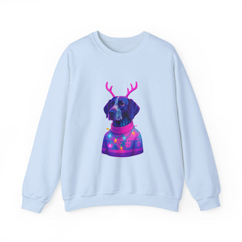 German Shorthaired Pointer with Reindeer Antlers Crewneck Sweatshirt | Neon Holiday Sweater Illustration