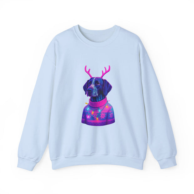 German Shorthaired Pointer with Reindeer Antlers Crewneck Sweatshirt | Neon Holiday Sweater Illustration