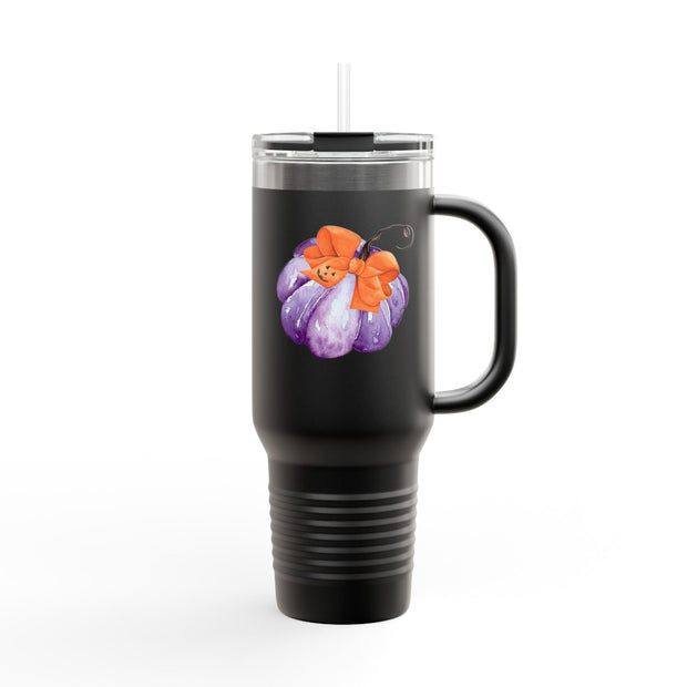 Purple Pumpkin Wrapped In A Bow Insulated Travel Mug, 40oz