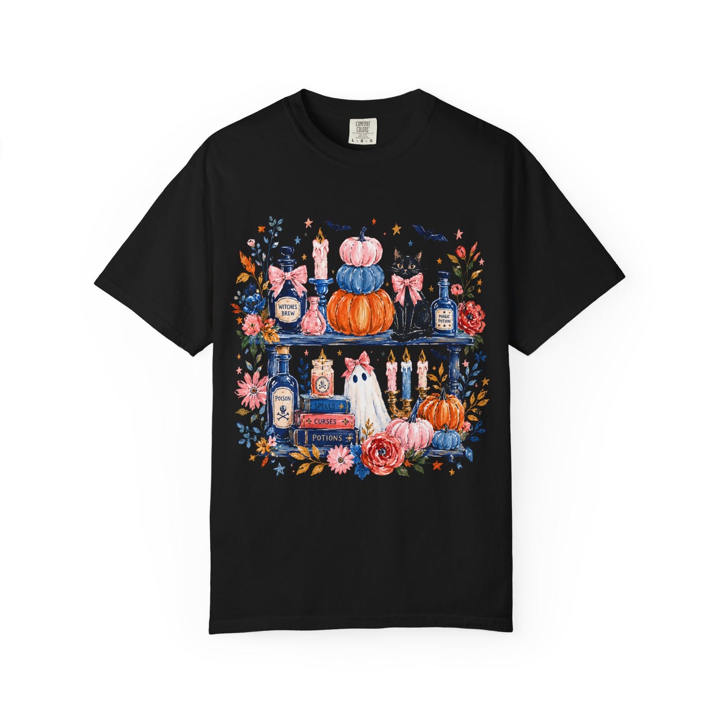 Autumn Apothecary Illustration T-shirt | Pumpkins, Black Cat, Potion Bottles