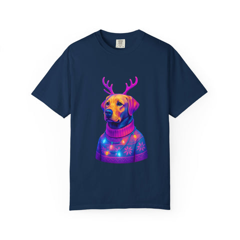 Labrador Retriever with Reindeer Antlers T-Shirt | Neon Holiday Sweater Dog