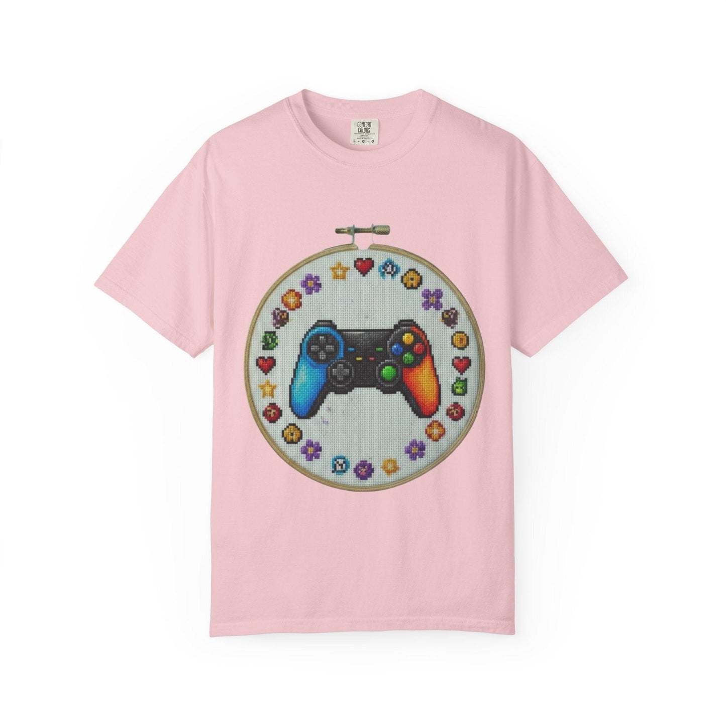 Rainbow Game Controller embroidery hoop T-Shirt | Gamer cross stitch design