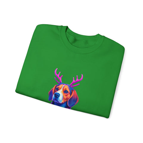 Beagle with Reindeer Antlers Sweatshirt | Colorful Holiday Dog Illustration