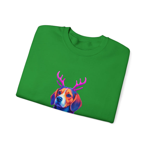 Beagle with Reindeer Antlers Sweatshirt | Colorful Holiday Dog Illustration