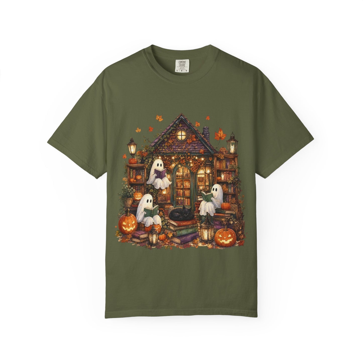 Cute Ghosts Haunted House T-Shirt, Halloween Pumpkin Shirt, Autumn Leaves Graphic Tee, Spooky Cute Fall Shirt, Cozy Halloween Gift