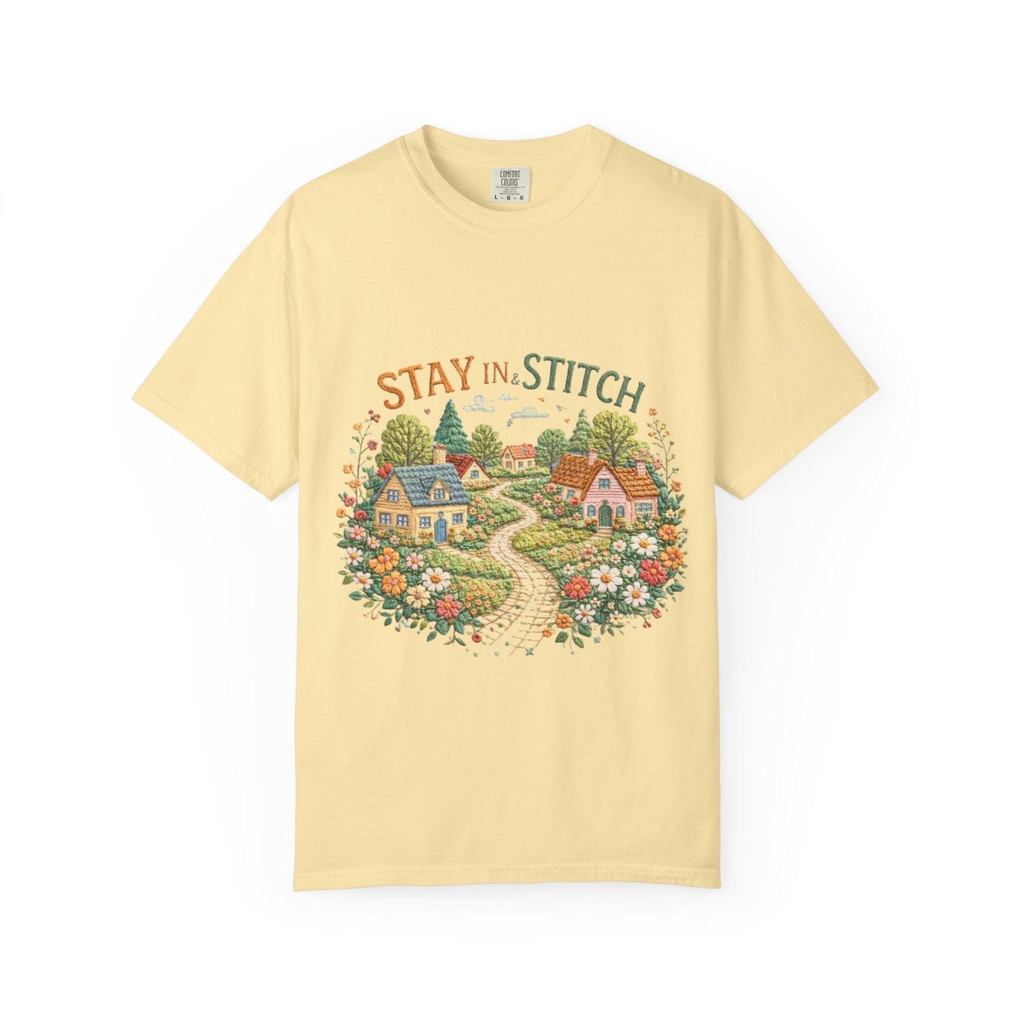 Stay In and Stitch Shirt, Cottagecore Sewing Tee, Grandma Hobbies Top, Vintage Cross Stitch Floral Village