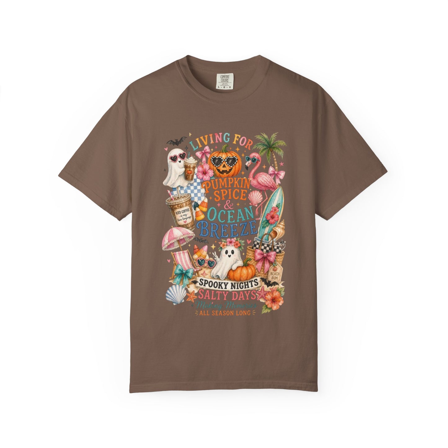 Pumpkin Spice & Ocean Breeze T-Shirt, Summerween Flamingo Shirt, Halloween Beach Tee, Tropical Spooky Season Graphic, Fall Vacation Shirt
