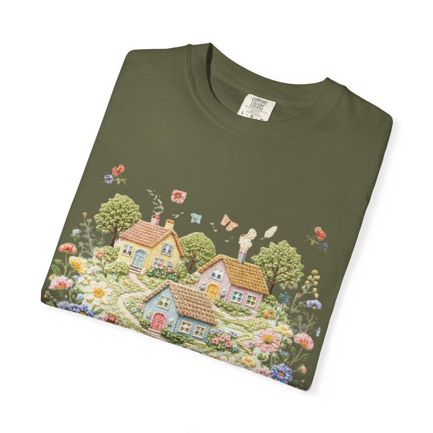 Cottage Garden Landscape T-shirt | Floral Village Illustration