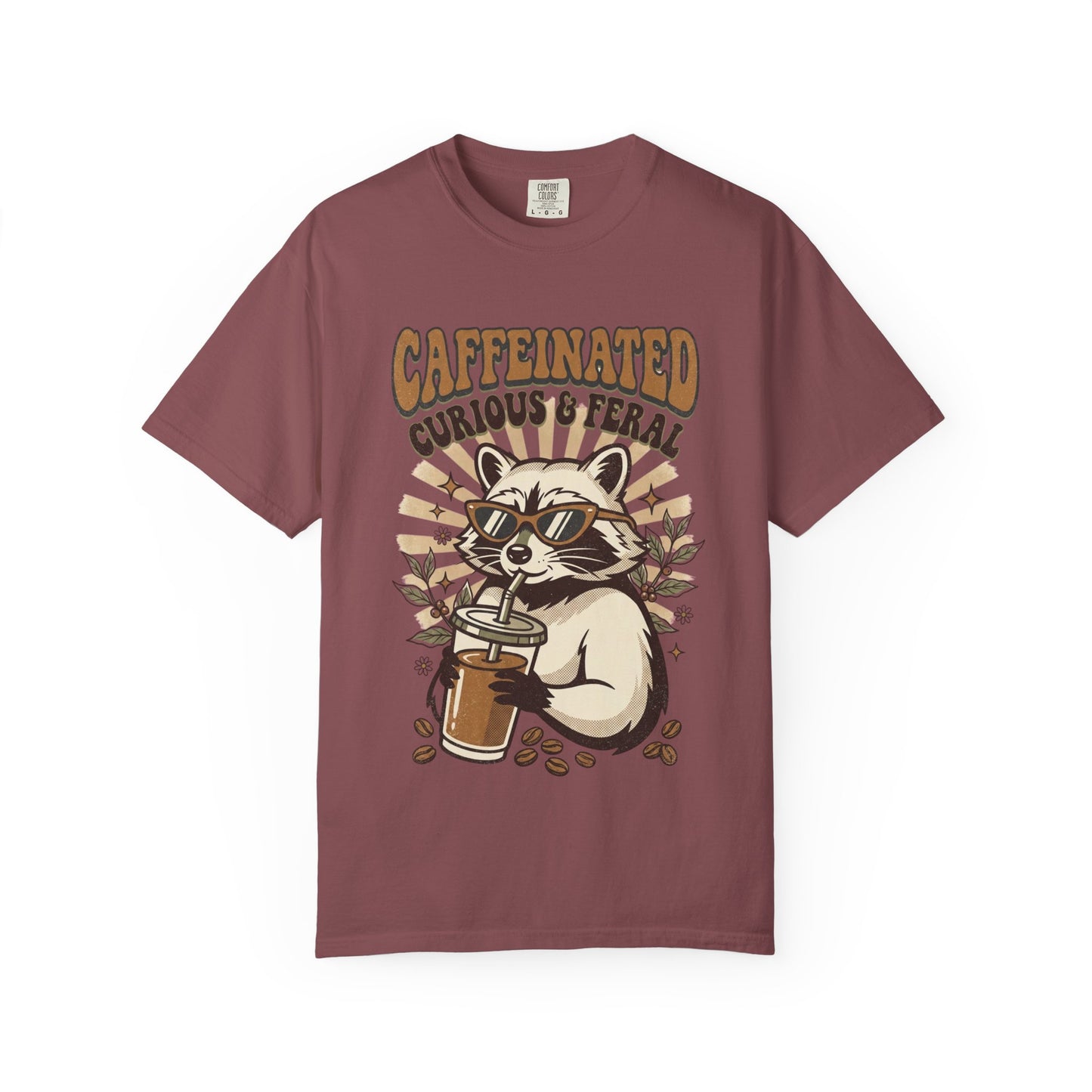 Caffeinated Curious & Feral Raccoon T-Shirt, Funny Coffee Lover Raccoon Tee, Goblincore Animal Shirt, Nature Lover Gift