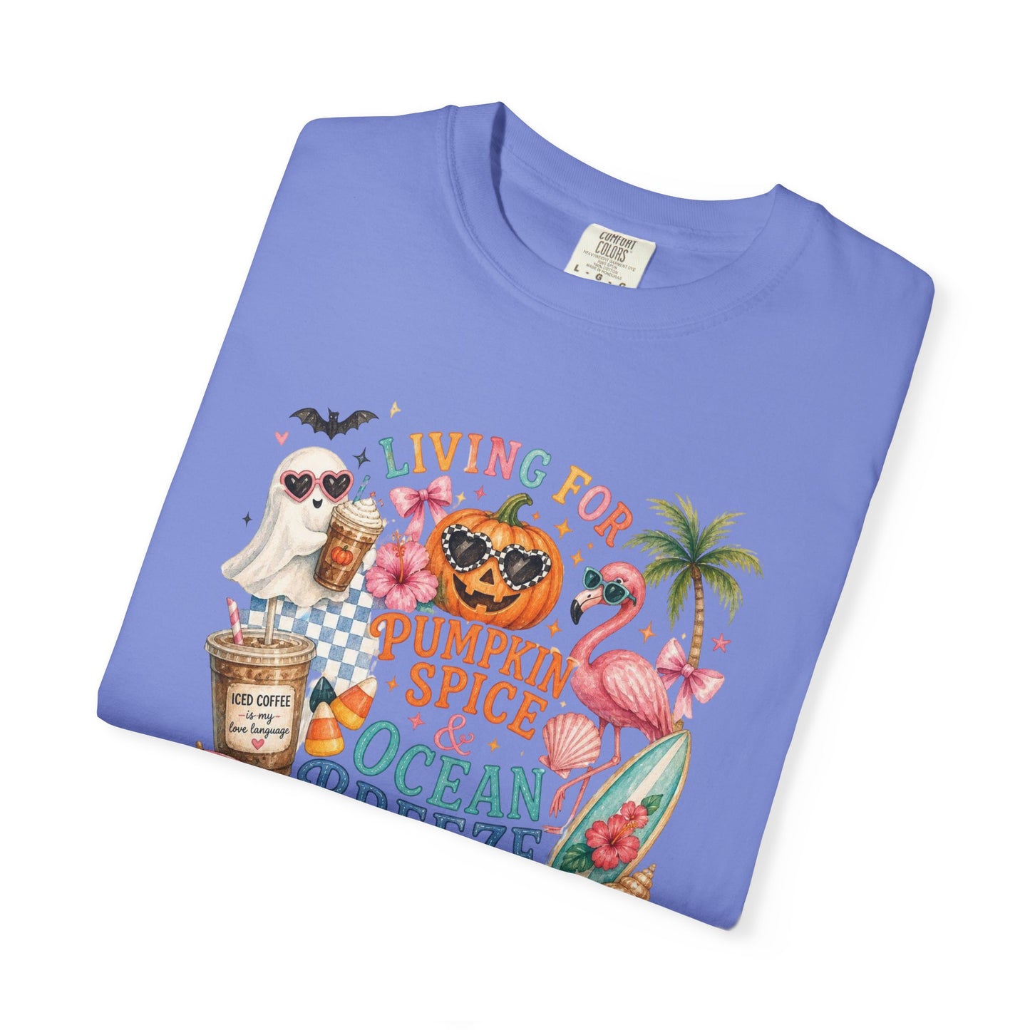 Pumpkin Spice & Ocean Breeze T-Shirt, Summerween Flamingo Shirt, Halloween Beach Tee, Tropical Spooky Season Graphic, Fall Vacation Shirt