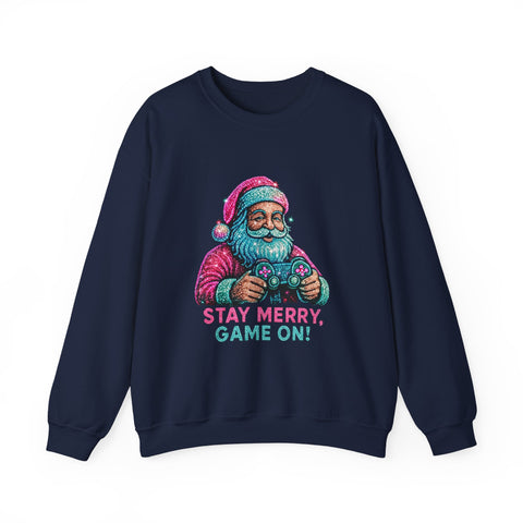 Santa with Game Controller Crewneck, Stay Merry Game On Holiday Sweatshirt