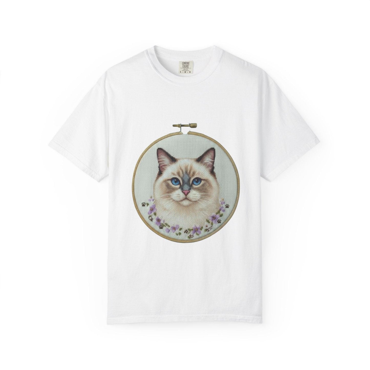 Ragdoll Cat Shirt, Blue Eyed Cat Mom Gift, Cross Stitch Cat Portrait, Embroidered Pet Lover Tee