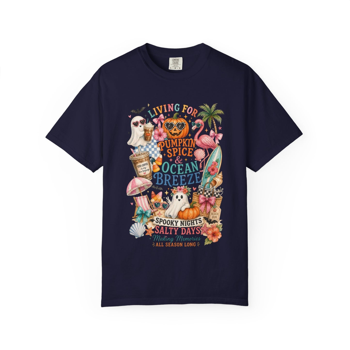 Pumpkin Spice & Ocean Breeze T-Shirt, Summerween Flamingo Shirt, Halloween Beach Tee, Tropical Spooky Season Graphic, Fall Vacation Shirt