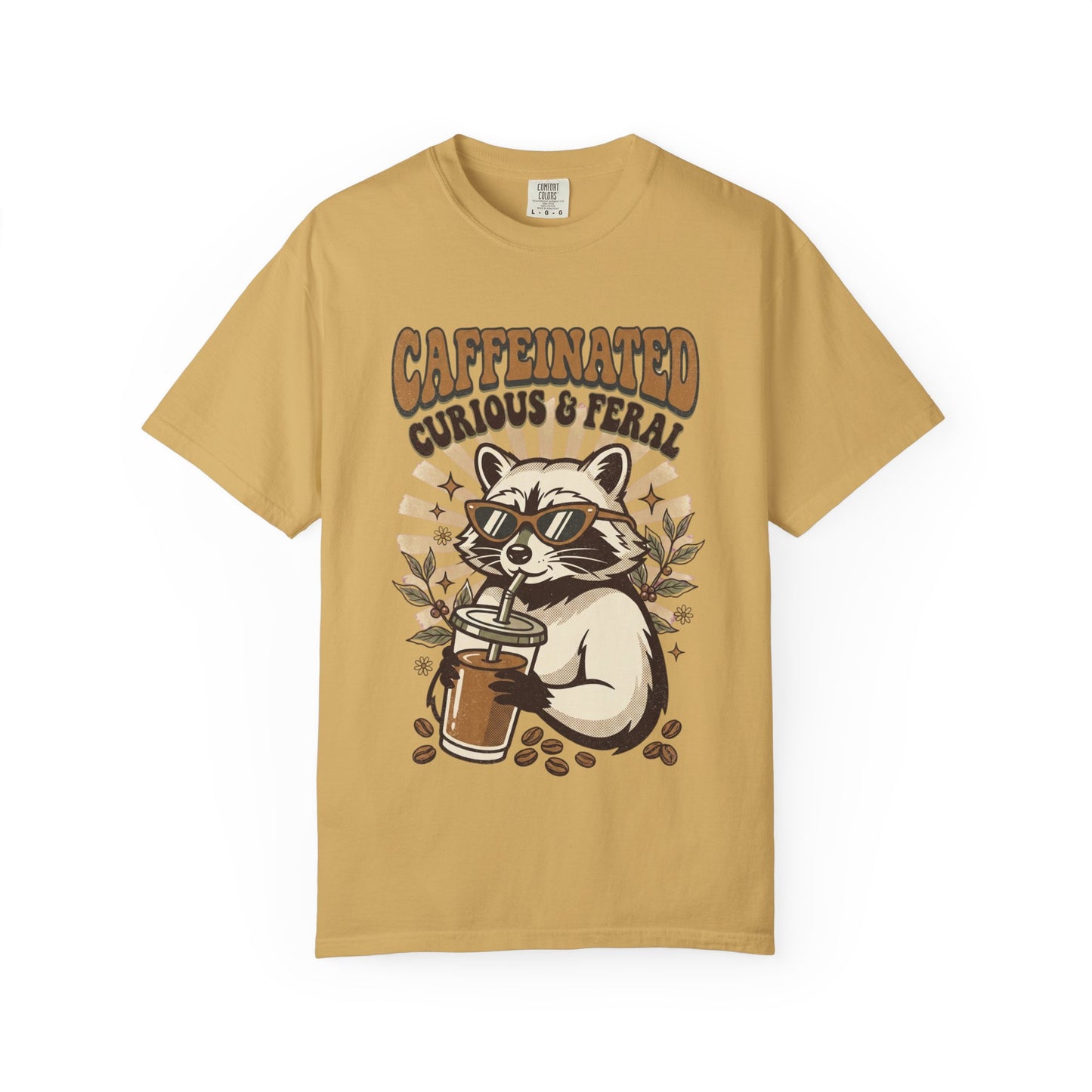 Caffeinated Curious & Feral Raccoon T-Shirt, Funny Coffee Lover Raccoon Tee, Goblincore Animal Shirt, Nature Lover Gift