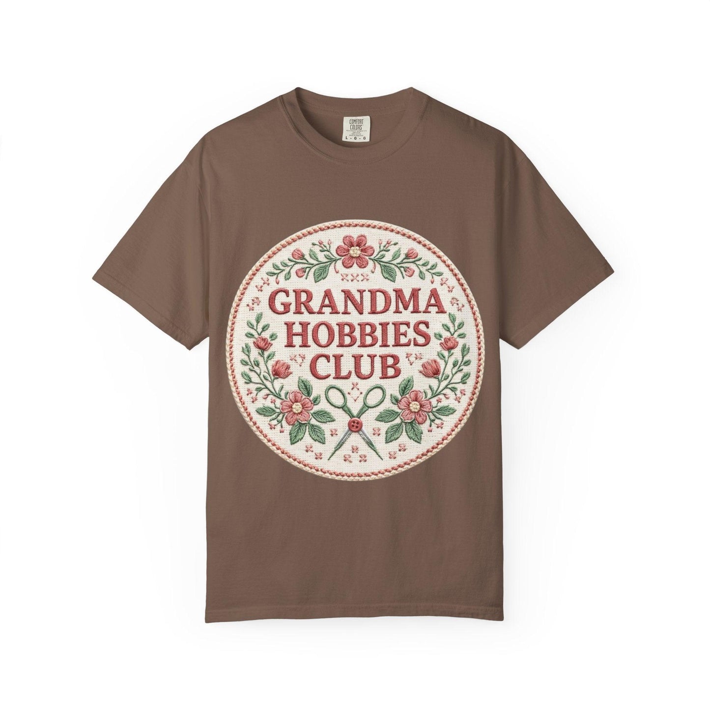 Grandma Hobbies Club T-shirt | Floral Needlework Scissors Embroidery Design