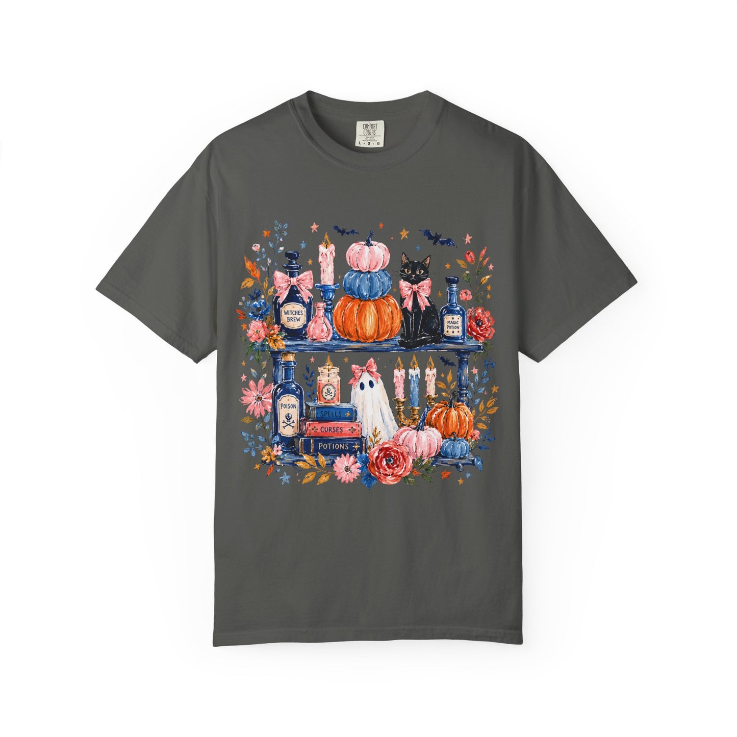 Autumn Apothecary Illustration T-shirt | Pumpkins, Black Cat, Potion Bottles