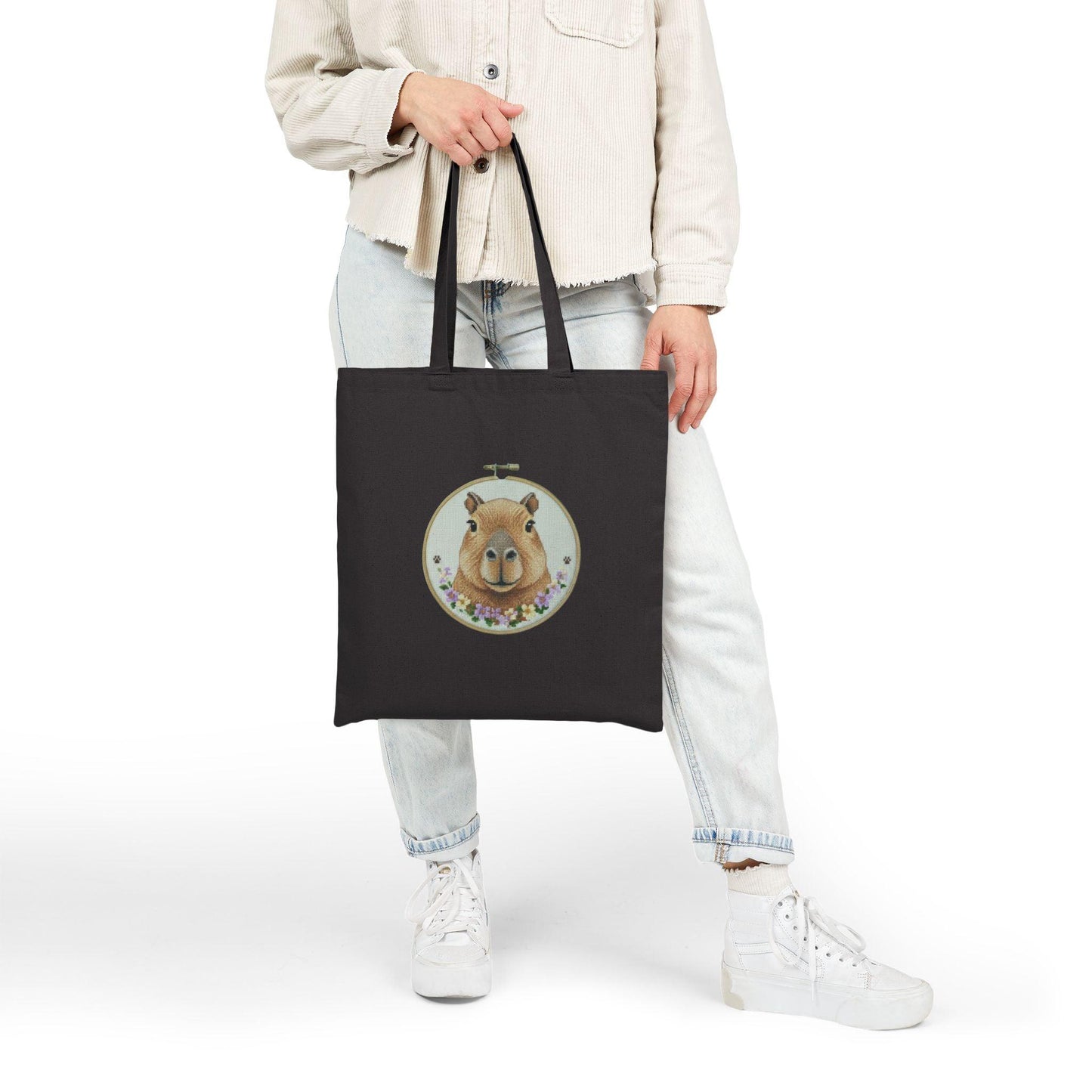 Cute Capybara Portrait Tote Bag | Floral Wreath Eco Canvas