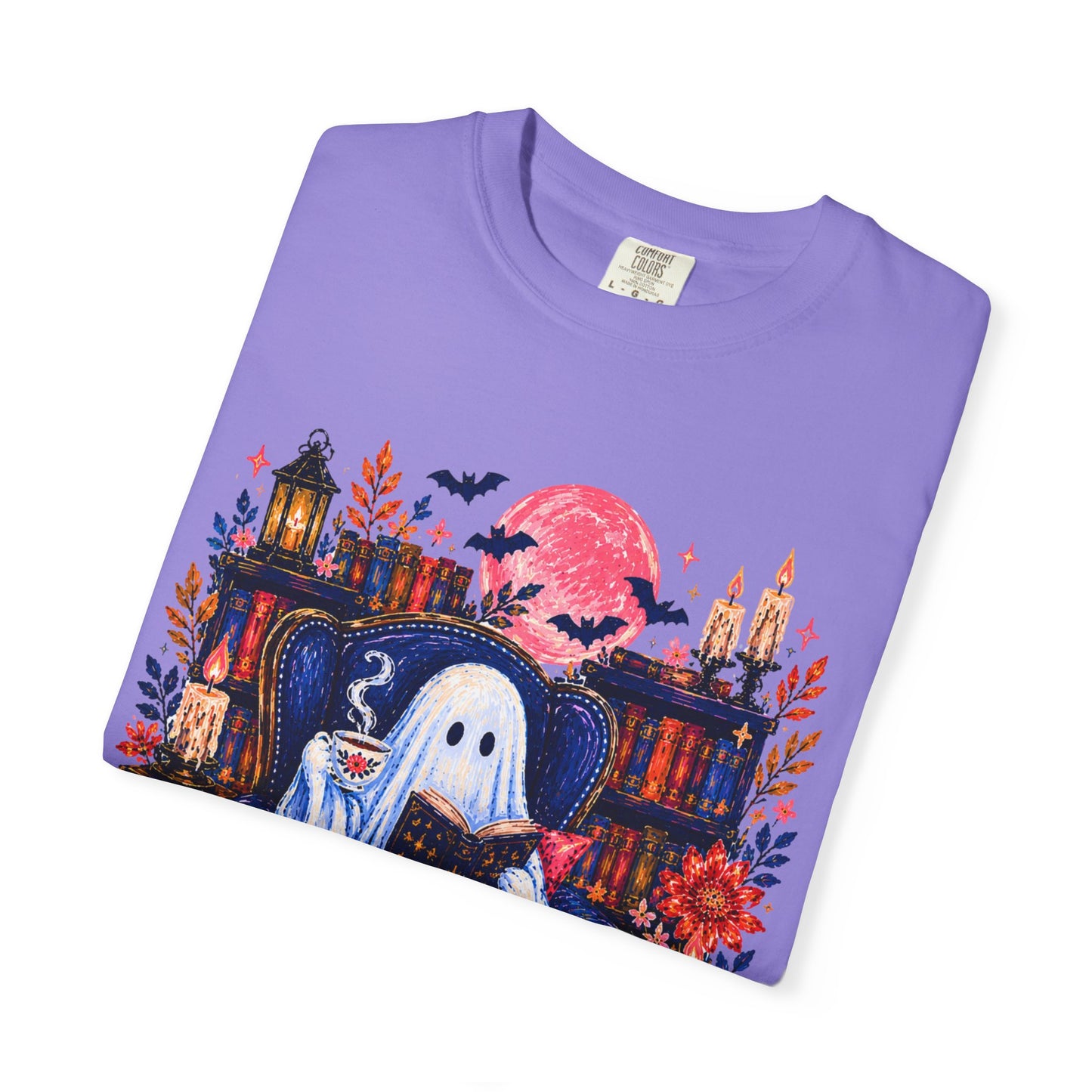 Cozy Reading Ghost T-Shirt | Bookish Halloween Illustration