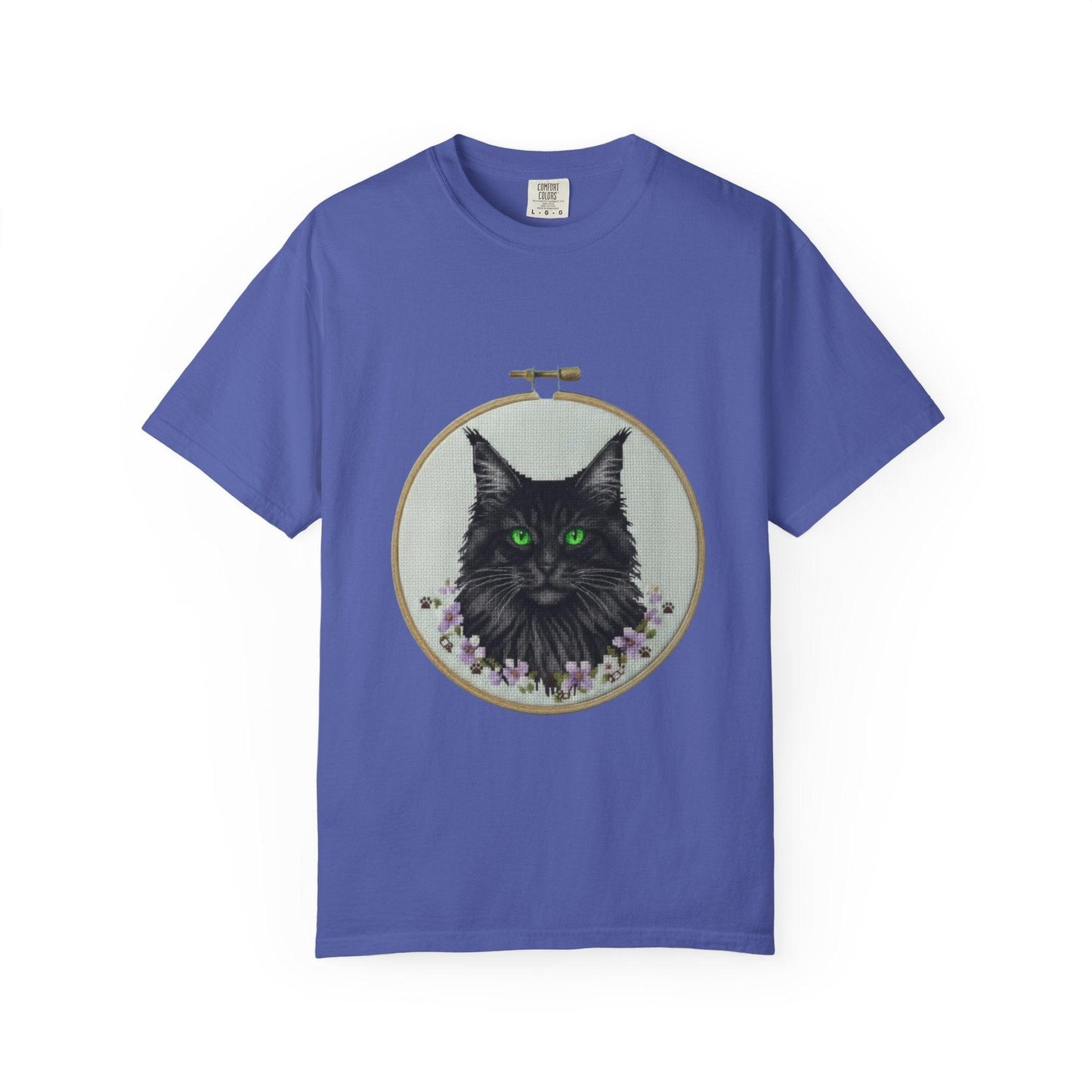 Black Cat Portrait T-Shirt | Embroidery Hoop Art, Green Eyes