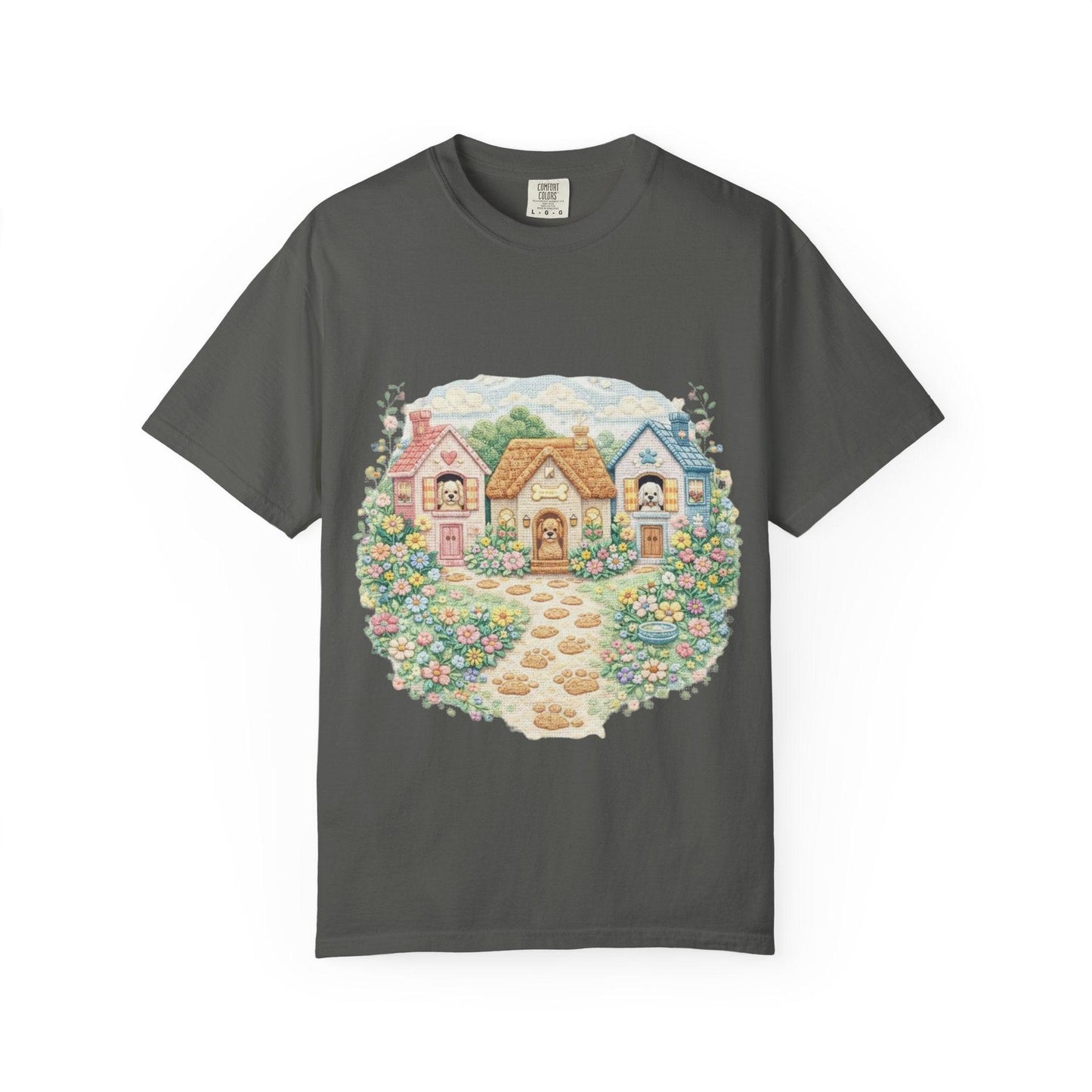 Cute Cottage Row illustration T-shirt | pastel village floral path