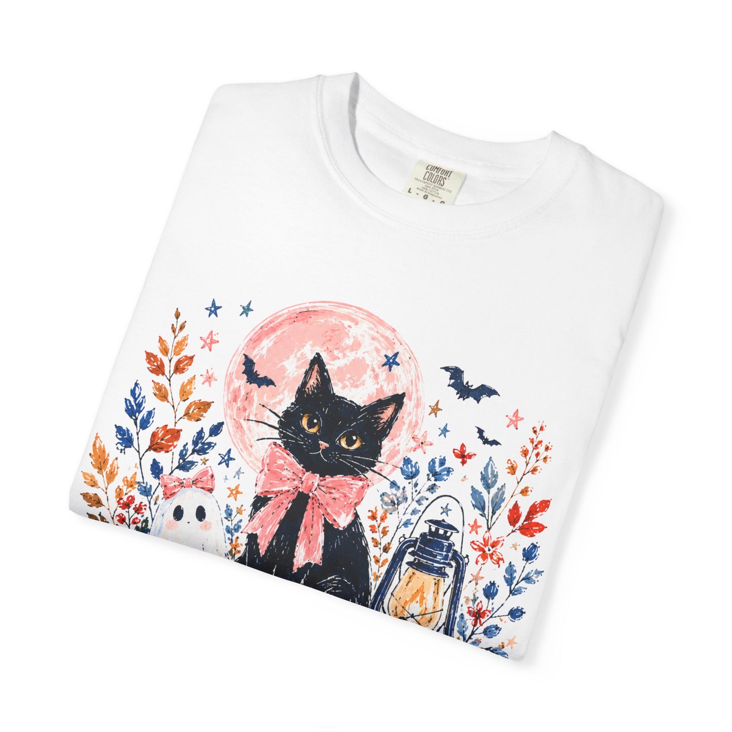 Black Cat with Pumpkins T-shirt | Halloween Moon Lantern Floral Design