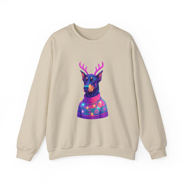 Vibrant Doberman Antlers Sweatshirt, Quirky Animal Crewneck, Cozy Holiday Gift, Fun Winter Apparel, Casual Style Top