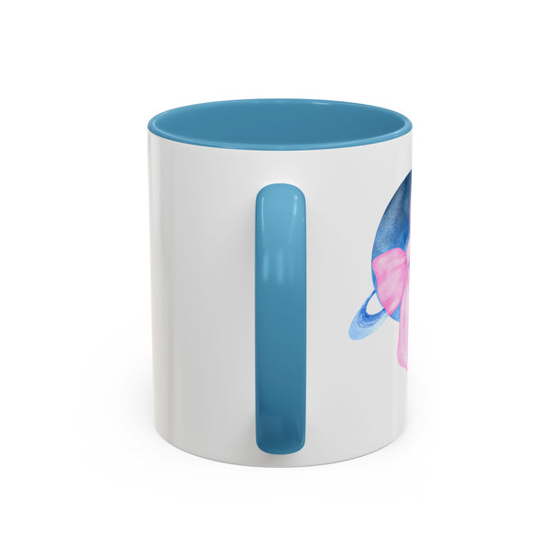 Blue Saturn Wrapped In A Pink Bow Accent Coffee Mug