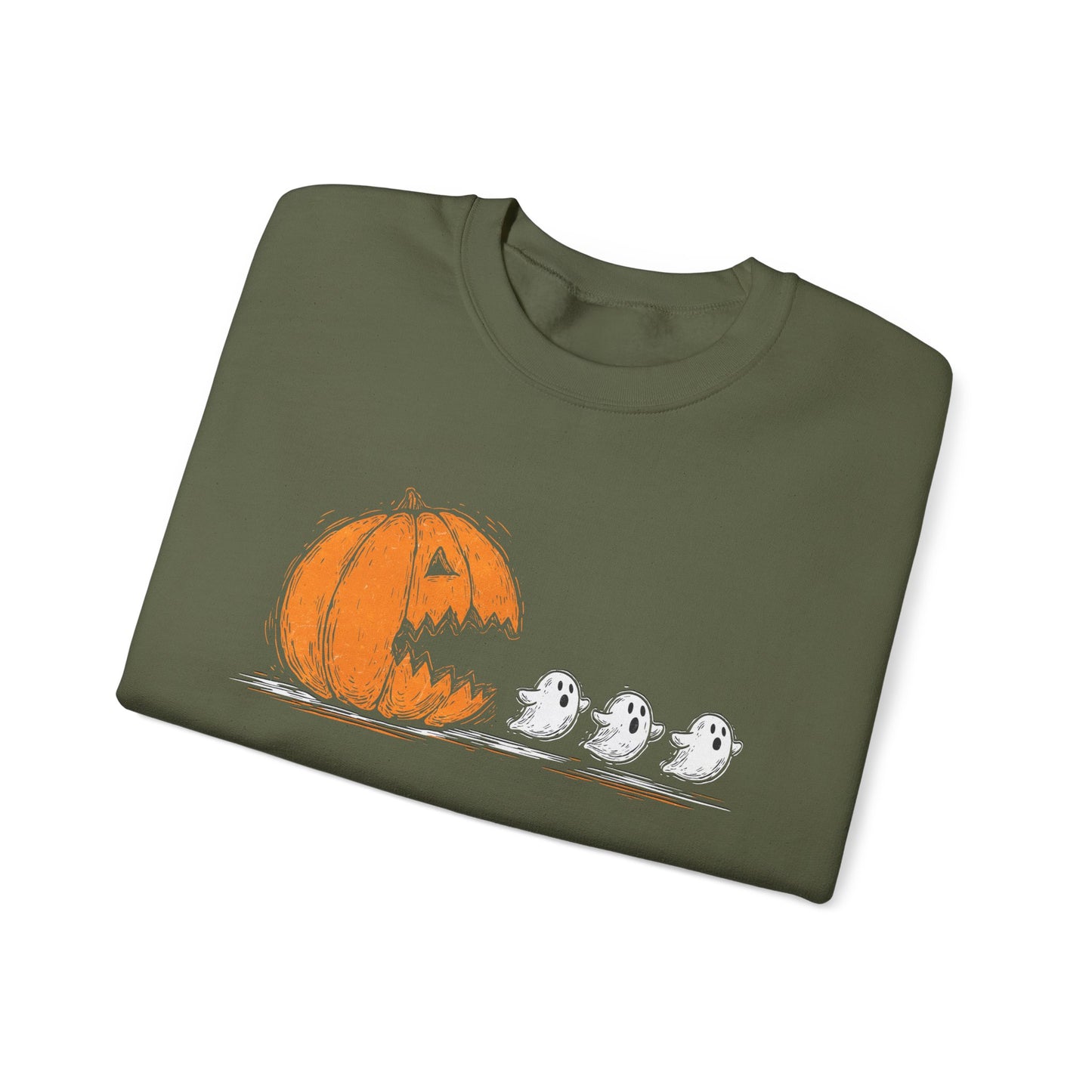 Pumpkin and Ghosts Crewneck Sweatshirt | Halloween Pumpkin Ghost Illustration