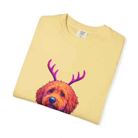 Golden Doodle in Reindeer Antler Sweater T-Shirt | Holiday Dog Portrait