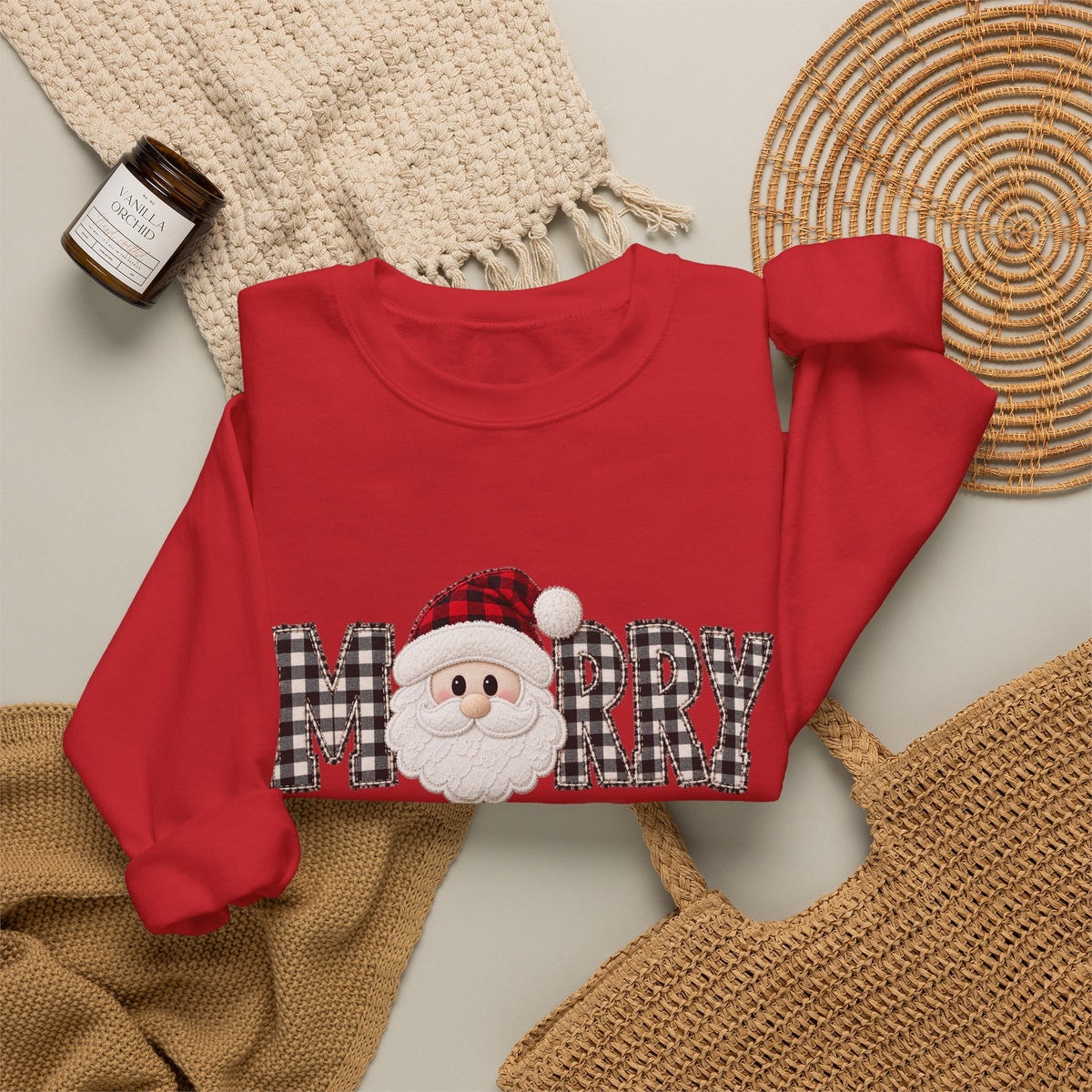 Merry Christmas Sweatshirt, Santa Christmas Crewneck, Plaid Holiday Sweater, Cute Santa Shirt, Cozy Christmas Gift for Her