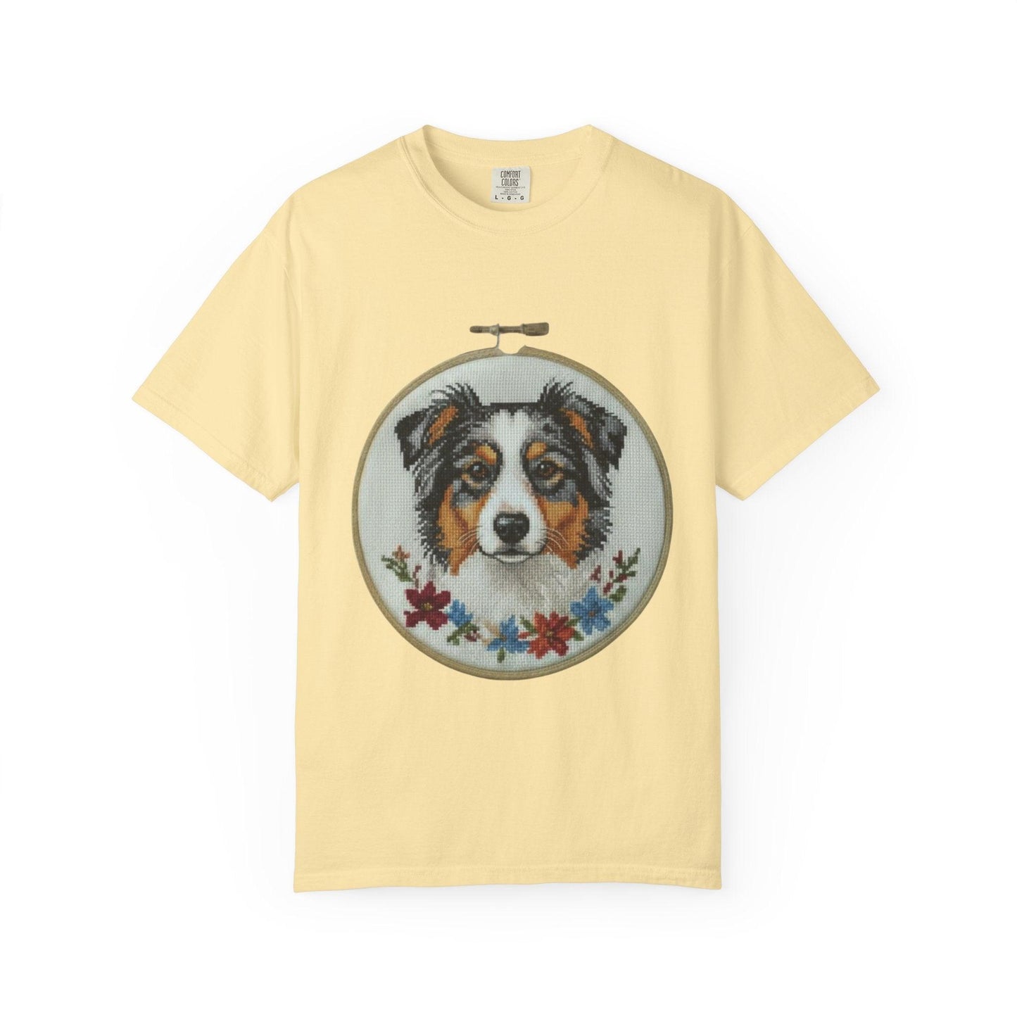 Australian Shepherd Portrait T-shirt | Embroidery Hoop Floral Design