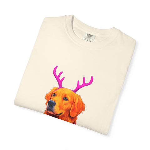 Golden Retriever with Antlers sweater T-Shirt | Neon Holiday Dog Design