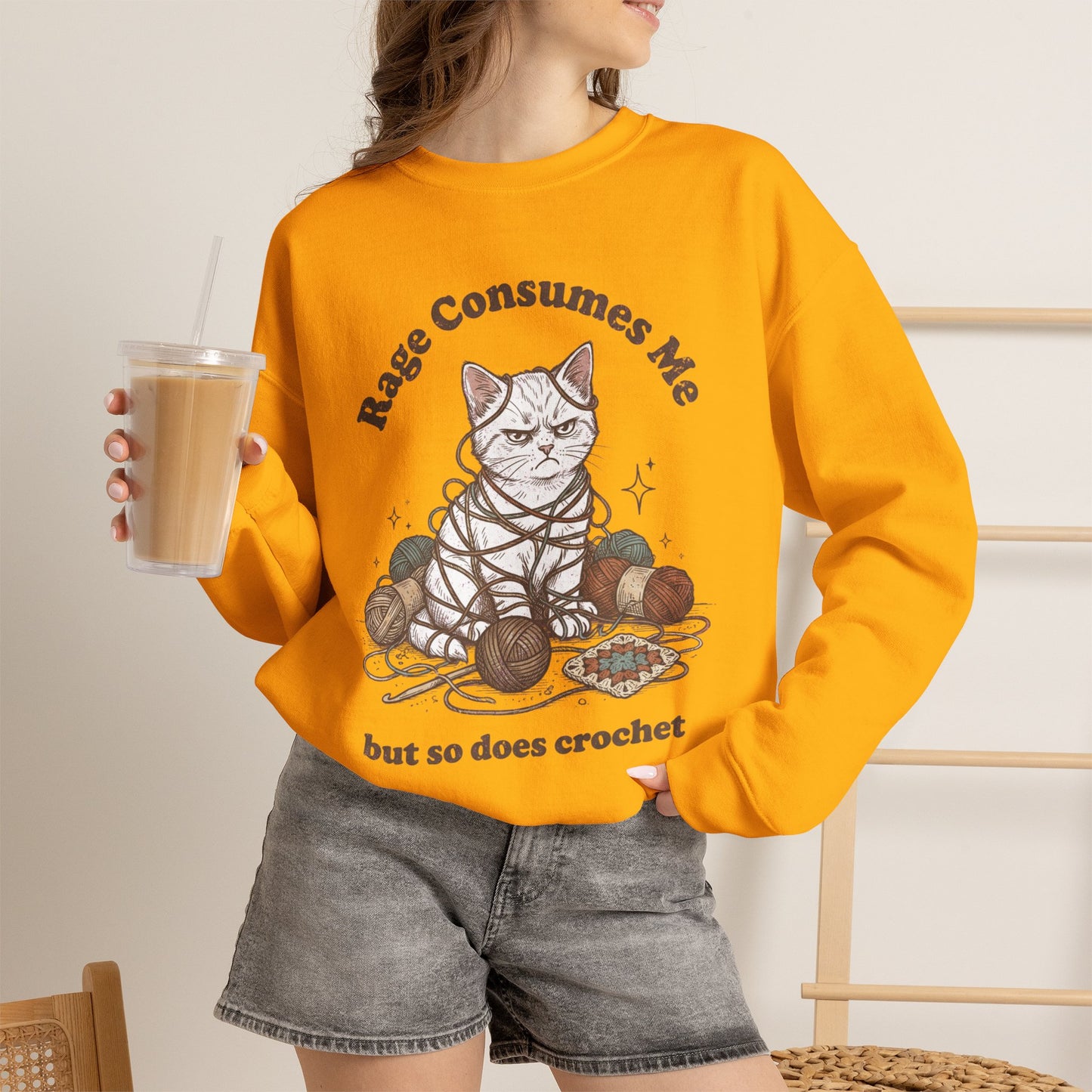Rage Consumes Me Crochet Cat Shirt, Funny Knitting Tee, Grandma Hobbies Sweatshirt
