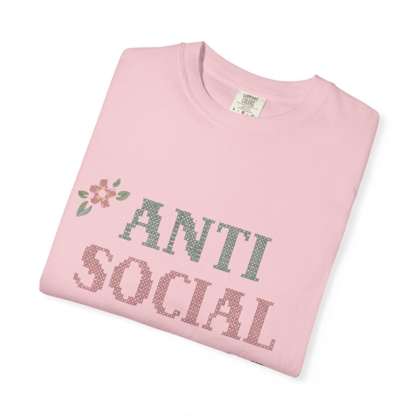Anti Social Stitch Club T-shirt | Cross Stitch Floral Text Design